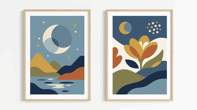 Abstract mountain moon landscape wall art prints diptych