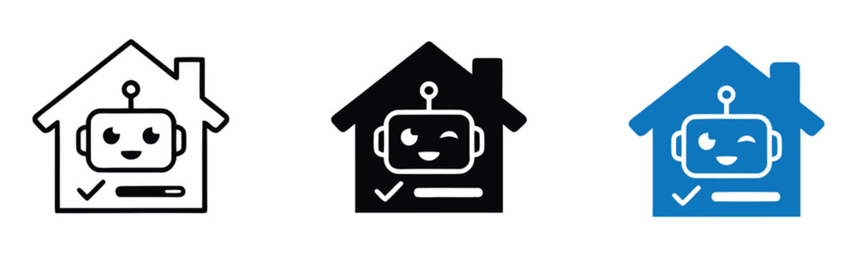 Android robot icons with house and wifi symbols in black. Robot icons in house shapes with checkmarks and smiling faces. 