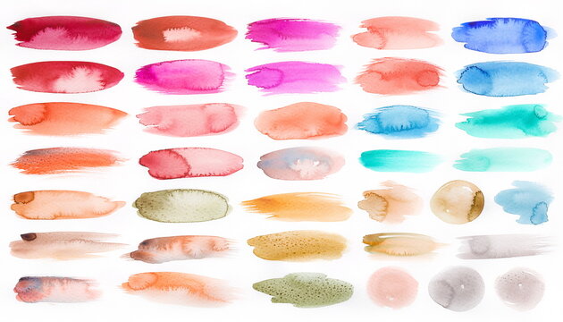 Vibrant watercolor paint brush strokes set 白背景にカラフルに描かれた美しく鮮やかな水彩絵の具の筆跡ブラシアート素材コレクション