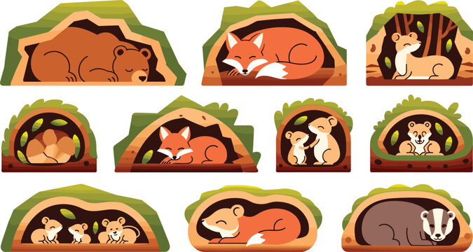 Cute hibernating forest animals vector icon set featuring cartoon sleeping grizzly bear red fox badger hedgehog woodchucks and field mice resting cozy inside underground dirt burrow dens.