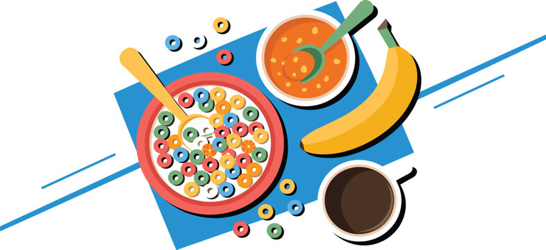 Healthy Breakfast Flat Vector Illustration Featuring a Colorful Fruit Cereal Bowl, Orange Jam, Ripe Yellow Banana, and Black Coffee Cup From Above