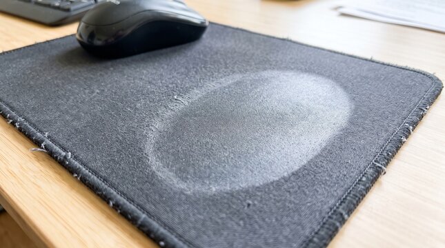 Mouse pad with surface wear pattern and computer mouse on desk  