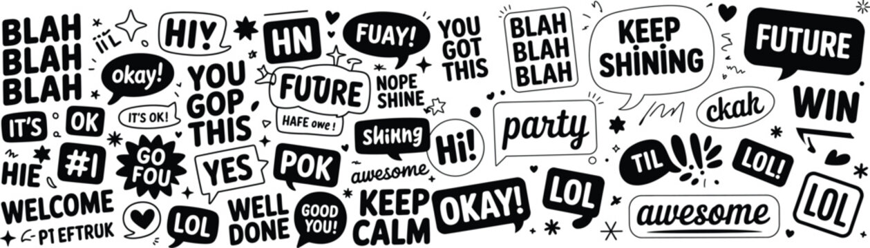 Collection of various motivational and encouraging words and phrases on speech bubbles  vector