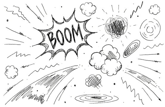 Comic book style explosion boom speech bubble and manga action effect lines