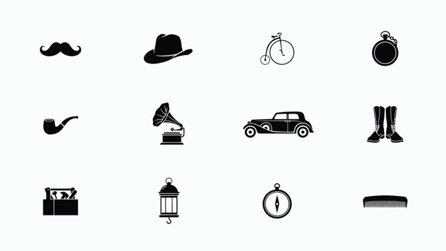 Vintage themed icon set featuring retro lifestyle elements with displays curated collection nine distinct black white icons evoking nostalgic