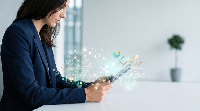Businesswoman analyzing financial data, AI technology and business growth charts on digital tablet in modern office environment, corporate strategy concept