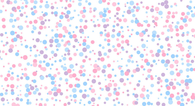 Colorful pastel polka dot background with soft pink blue and purple circles scattered on white surface.