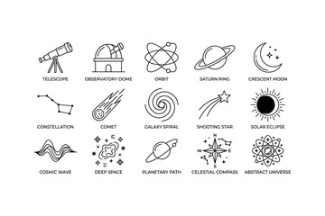 Astronomical Observation Celestial Exploration Minimal Monoline Space Vector Icon Collection © SUMON