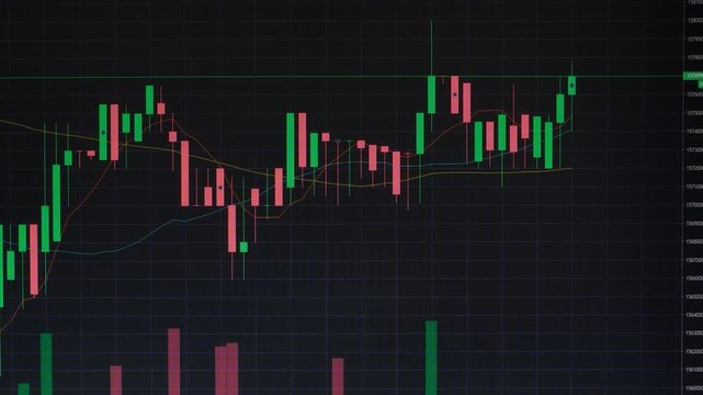 Financial stock market chart showing candlestick patterns and trading volume on a dark background, representing technical analysis and investment data