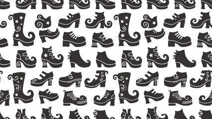Obraz premium Seamless pattern of illustrated black boots with stars and swirls for textiles, wallpaper, and graphic design. Flat vector illustration EPS 10 of Mardi Gras Carnival elements pattern.