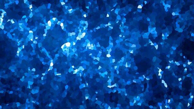 Abstract dark blue crystallized geometric mosaic background with glowing scattered fragments.