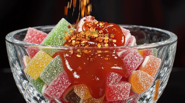 Slow Motion Chamoy Candy Mix with Gummy Sweets Premium Snack Commercial 4K