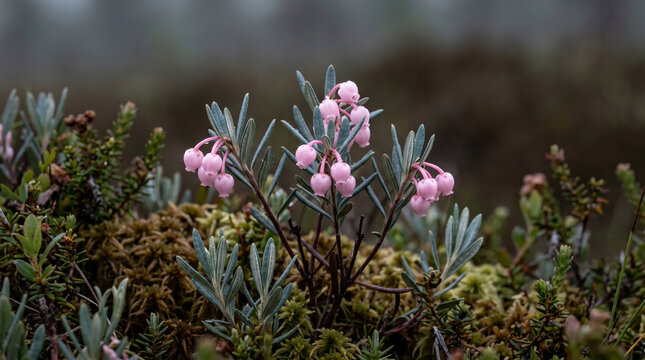 Pink Ericaceae flowers blooming in a lush green environment with moss and small plants around them