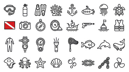 Scuba diving and nautical marine life line icons set. © Fenny