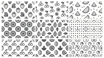 Seamless fruit and berry outline pattern set. © Fenny