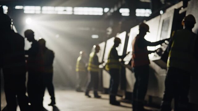 Silhouetted workers operating machinery in an industrial factory with dramatic lighting
