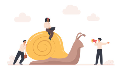 Business team struggling with slow growth, bad strategy, leader sitting on giant snail using laptop while colleagues push, shout, concept of inefficient management isolated vector illustration © lembergvector
