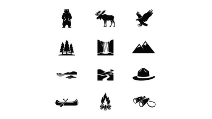 Obraz premium Black and white minimalist icons of nature and adventure elements set against clean background with modern aesthetic high contrast against neutral backdrop