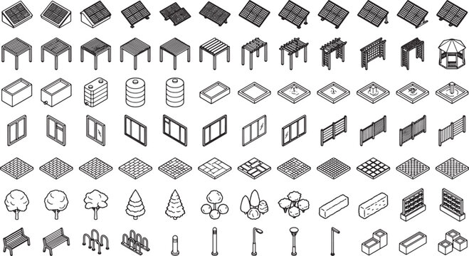 Isometric garden and outdoor landscape design elements set with furniture structures plants and paving tiles vector illustration