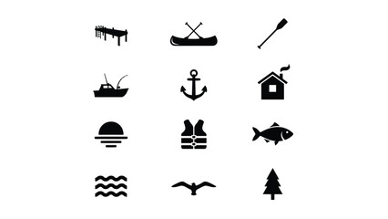 Minimalist black and white waterfront adventure icon set with coastal elements with monochromatic collection twelve stylized icons representing waterfront coastal adventure themes © Soma