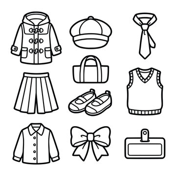Children school uniform and accessories icon set for academic dress code and classroom.