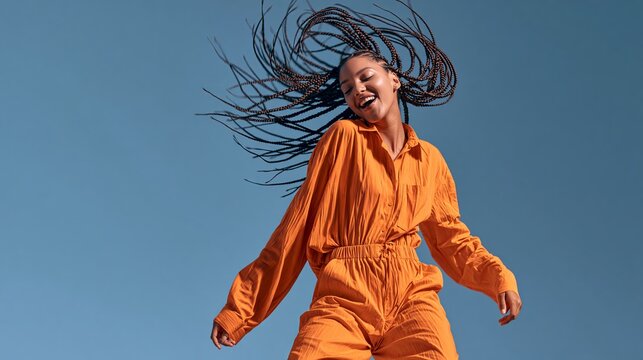 Cool, smiling woman with box braids dances happily in orange clothes. Her hair flies as she waves her head. She's alone in a bright studio.