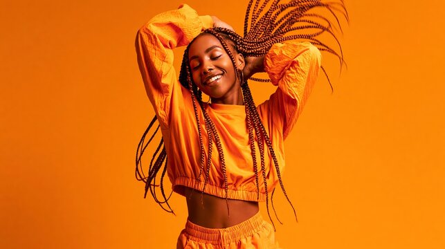 Cool, smiling woman with box braids dances happily in orange clothes. Her hair flies as she waves her head. She's alone in a bright studio.