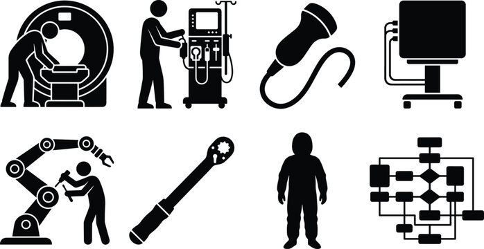 Biomedical engineering and medical equipment repair black glyph icon set for industrial maintenance and diagnostics
