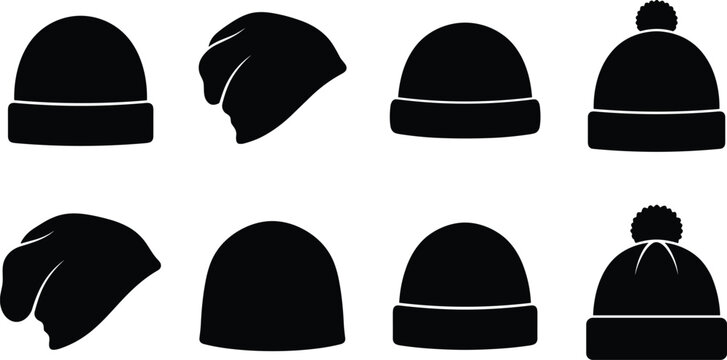 Collection of winter beanie hats icons featuring black silhouettes of knit caps slouchy beanies and pompom bobble hats