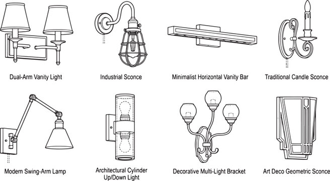 Set of various wall mounted light fixtures and interior sconce designs in a clean line art style