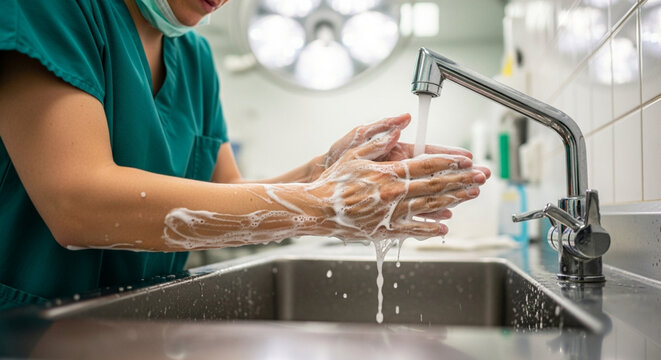 Nurse washing hands in hospital sink with soap and water, healthcare hygiene