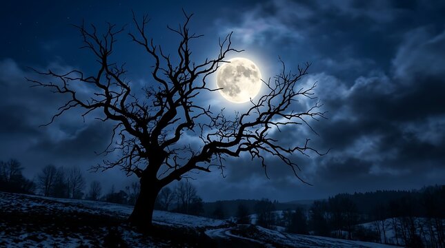 Dramatic winter nightscape bare tree silhouetted against a brilliant full moon and cloudy sky