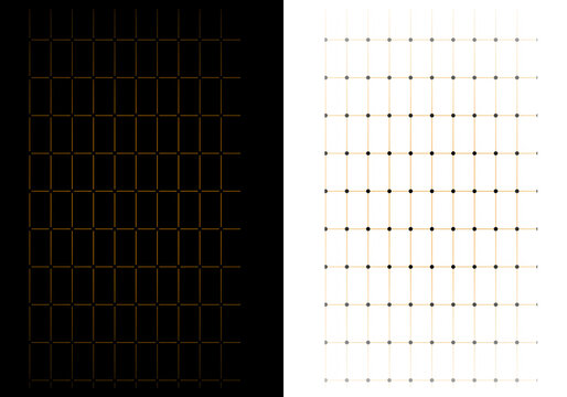 Dual abstract geometric grid pattern with warm golden lines and dark intersection points against contrasting deep ebony and bright alabaster backdrops. overlay