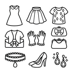 Naklejka premium Set of elegant formal dress and accessories in black and white outlines on white background.