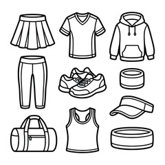 Fototapeta premium Set of sports and gym clothes icons in black and white outlines isolated on white background.