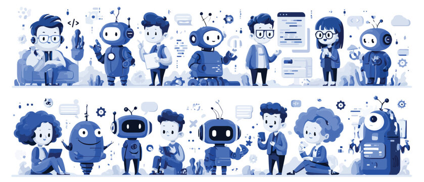 Futuristic AI robot and human collaboration vector set, blue monochrome flat characters for technology and automation, digital assistant and people collection