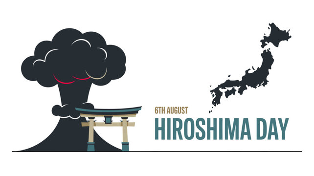 Hiroshima Day commemorative banner with flat vector silhouette illustration of nuclear mushroom cloud behind traditional torii gate and Japan map on a white background