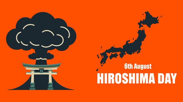 Hiroshima Day commemorative banner with flat vector silhouette illustration of nuclear mushroom cloud behind traditional torii gate and Japan map on solid orange background