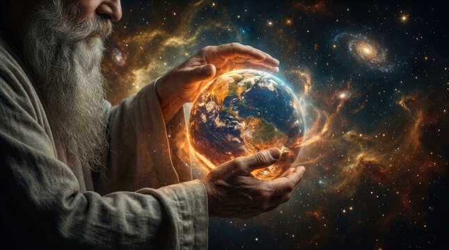 Omnipotent author reveal: God create, earth form, universal birth, divine concept, cosmic hold, planet light, spirit power, sacred design, ancient wisdom, mystic vision, human destiny, stellar dust.