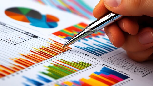Close-up of hand analyzing colorful bar and pie charts on financial report. (1)
