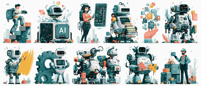 Artificial intelligence robot character set, futuristic automation and machine learning vector icons, friendly humanoid robots for technology and innovation