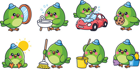 Fototapeta premium Cute Green Bird Character Chores Vector Set Featuring Kawaii Cartoon Mascot Washing Car, Sweeping, Eating Cookie, and Mopping Floor Stickers