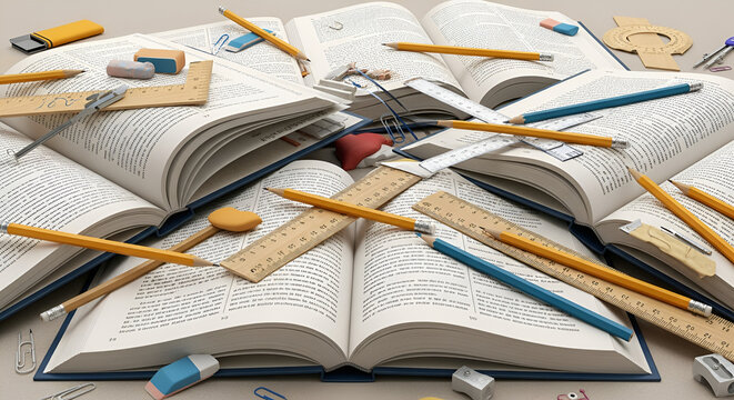 Education, Study, Learning and School Supplies on Open Books