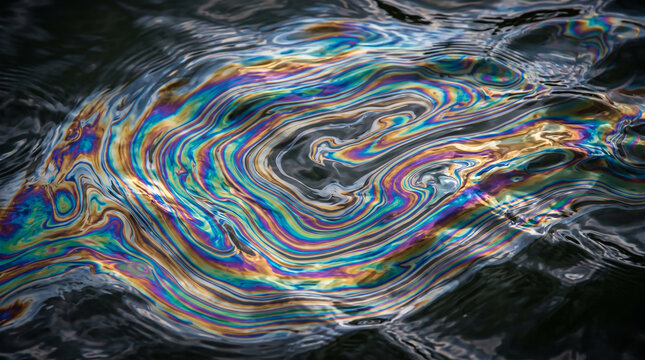Oil slick on water surface. Iridescent fuel spill texture. Toxic waste.