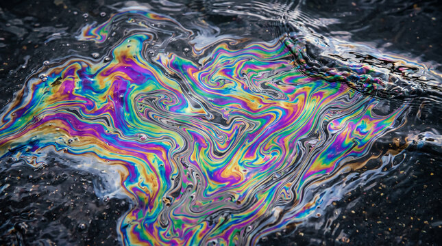 Oil slick on water. Iridescent fuel spill texture. Toxic liquid pattern.