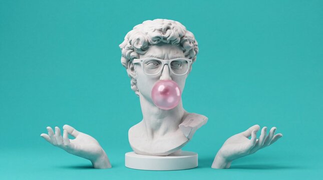 David statue bust blowing pink bubblegum bubble, surreal pop art concept mixing classical sculpture with modern fun element