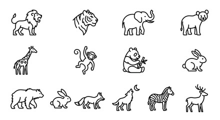 Fototapeta premium Collection of wild animal icons featuring lion tiger elephant bear giraffe monkey panda rabbit fox wolf zebra.