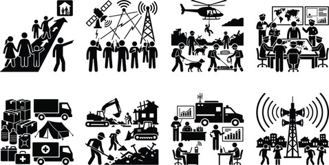 Fototapeta premium Emergency Disaster Relief and Humanitarian Aid Icon Set for Crisis Management and Rescue Logistics