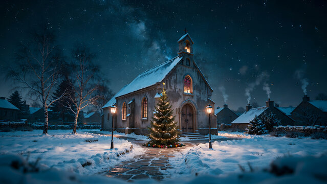 Illuminated christmas tree in front of a snowy stone church at night