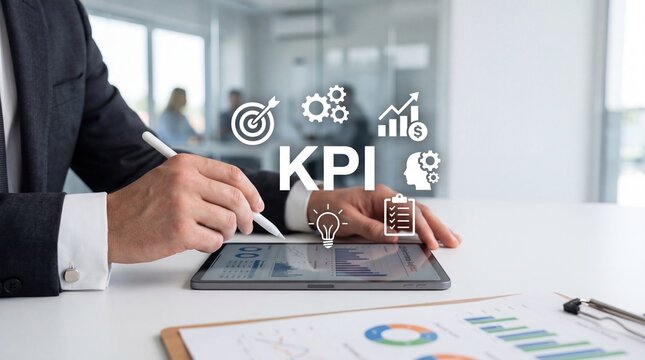 Business professional writing on tablet with KPI icons overlay representing key performance indicators, business goals and strategic management concept.